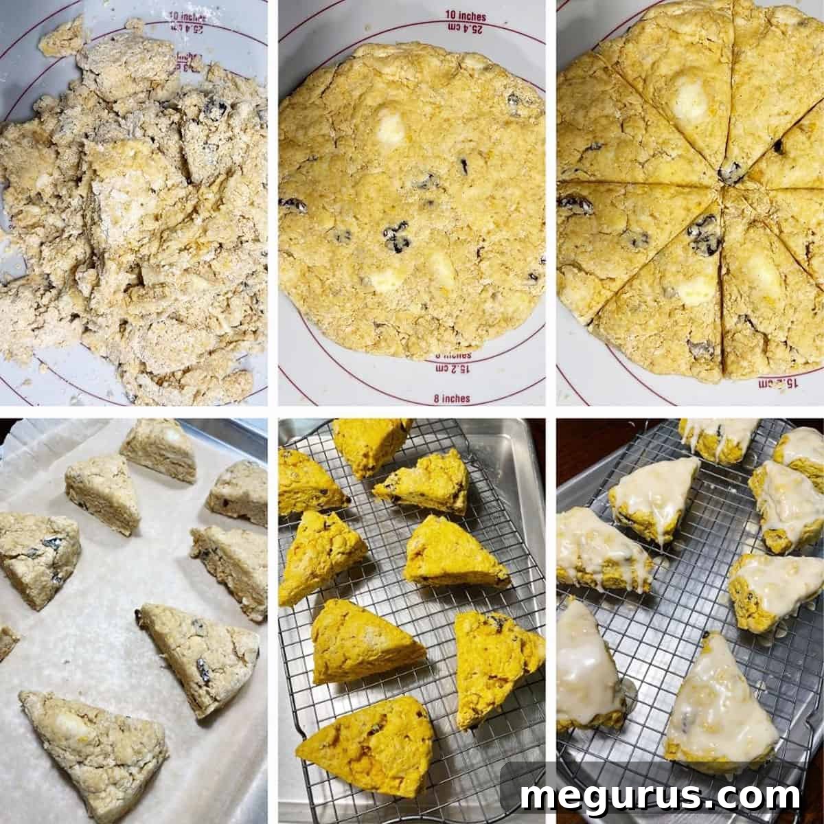 Photo collage demonstrating how to mix wet and dry ingredients and shape pumpkin scone dough.