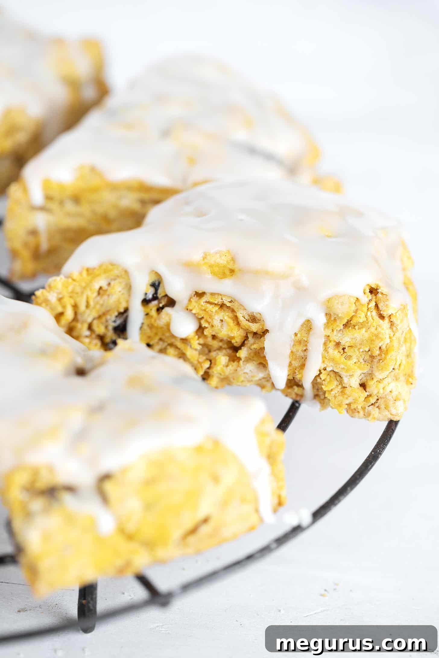 Close-up of maple glazed pumpkin scones arranged beautifully on a cooling rack.