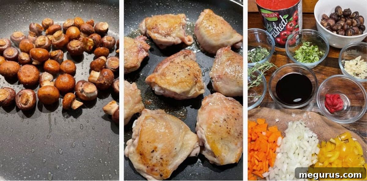 Photo collage showing the initial steps of making chicken cacciatore: browning mushrooms and chicken