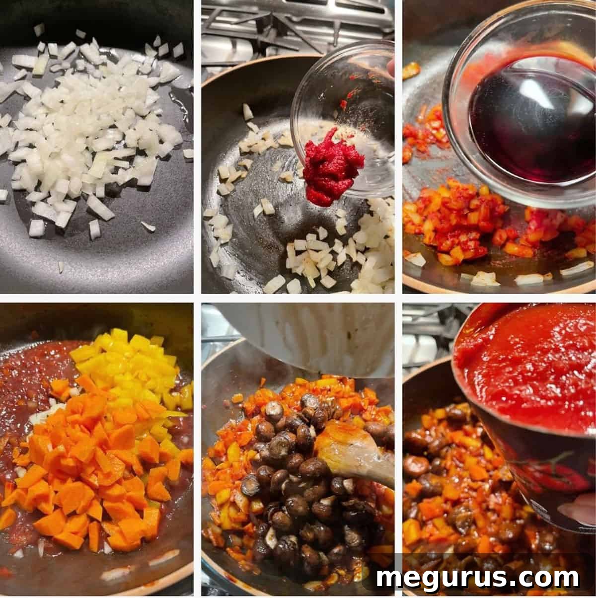 Photo collage illustrating the mid-cooking steps for chicken cacciatore: sautéing aromatics and adding liquids