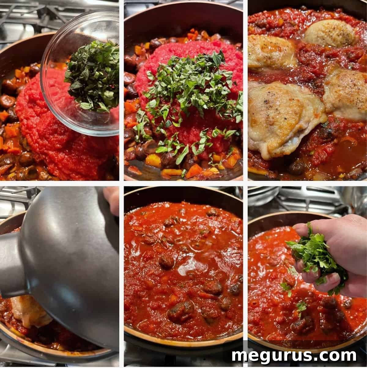 Photo collage detailing the final steps of chicken cacciatore: simmering with chicken and finishing touches