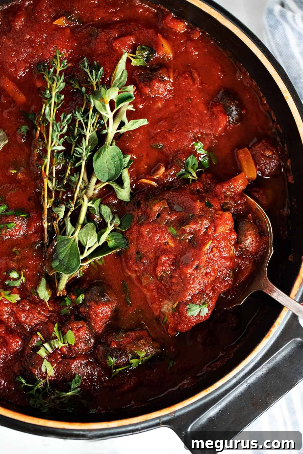 Serving of chicken cacciatore in a pan with a spoon, garnished with fresh herbs, ready to be dished out