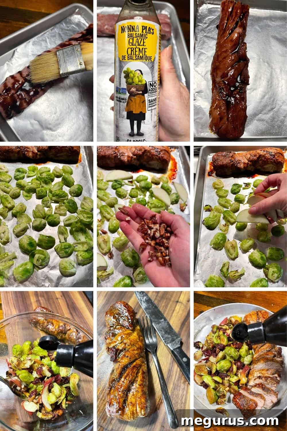photo collage of step-by-step instructions for sheet pan pork