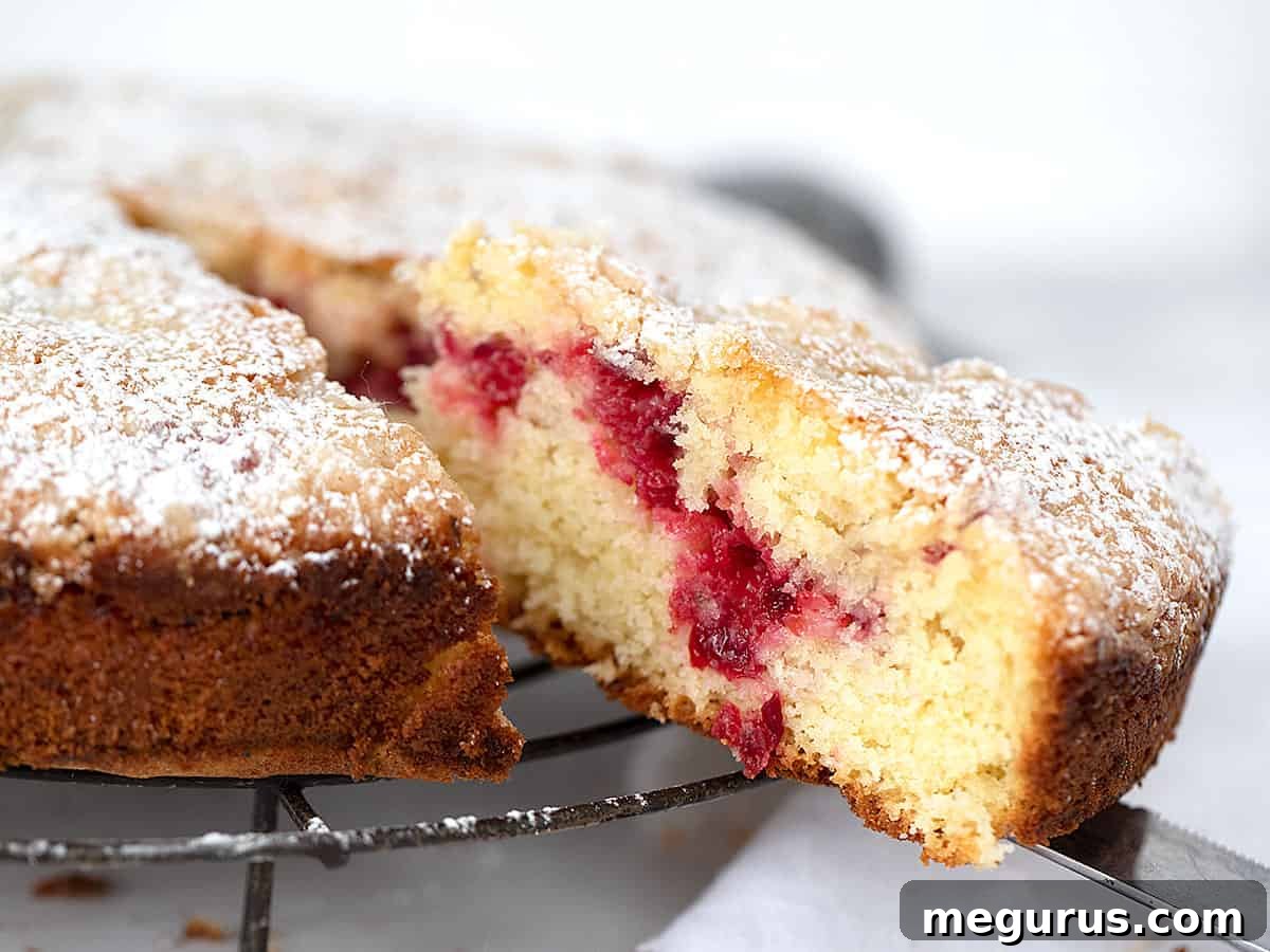 Delicious vanilla cranberry coffee cake, perfectly sliced on a cooling rack, showcasing its tender crumb and rich cranberry layer.