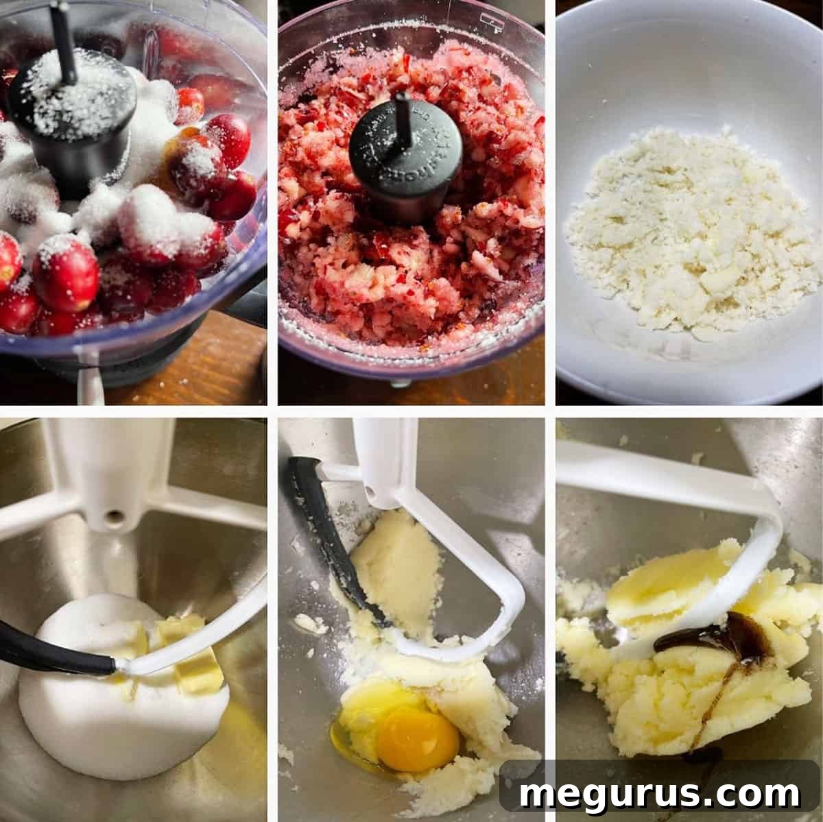 Photo collage showing initial steps to make cranberry vanilla cake: preparing topping and cranberry filling.