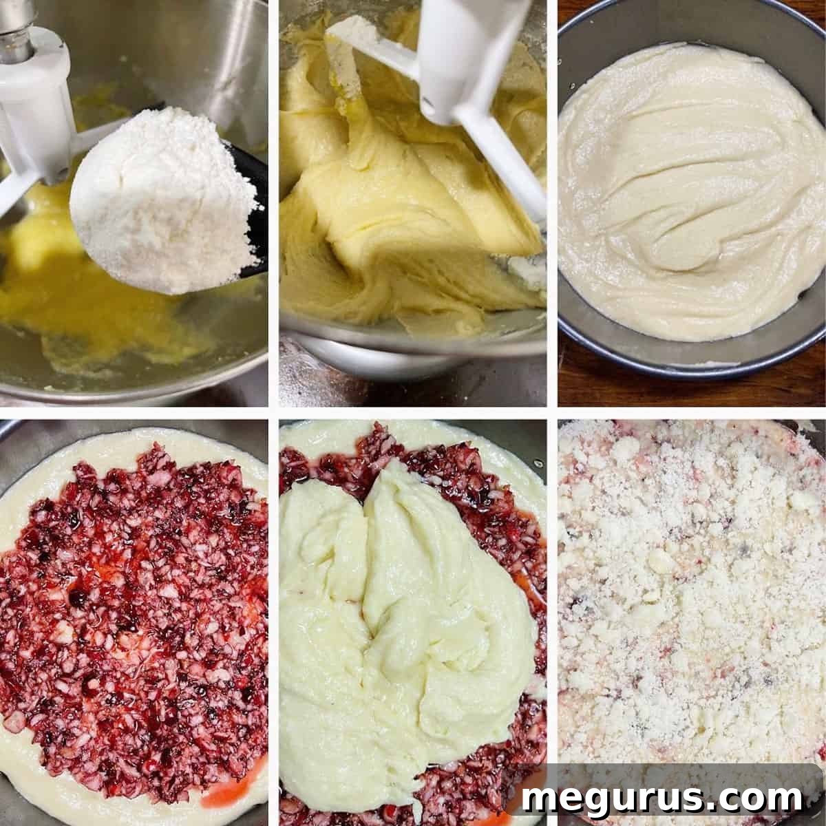 Photo collage showing advanced steps to make cranberry vanilla cake: preparing batter, layering, and baking preparation.