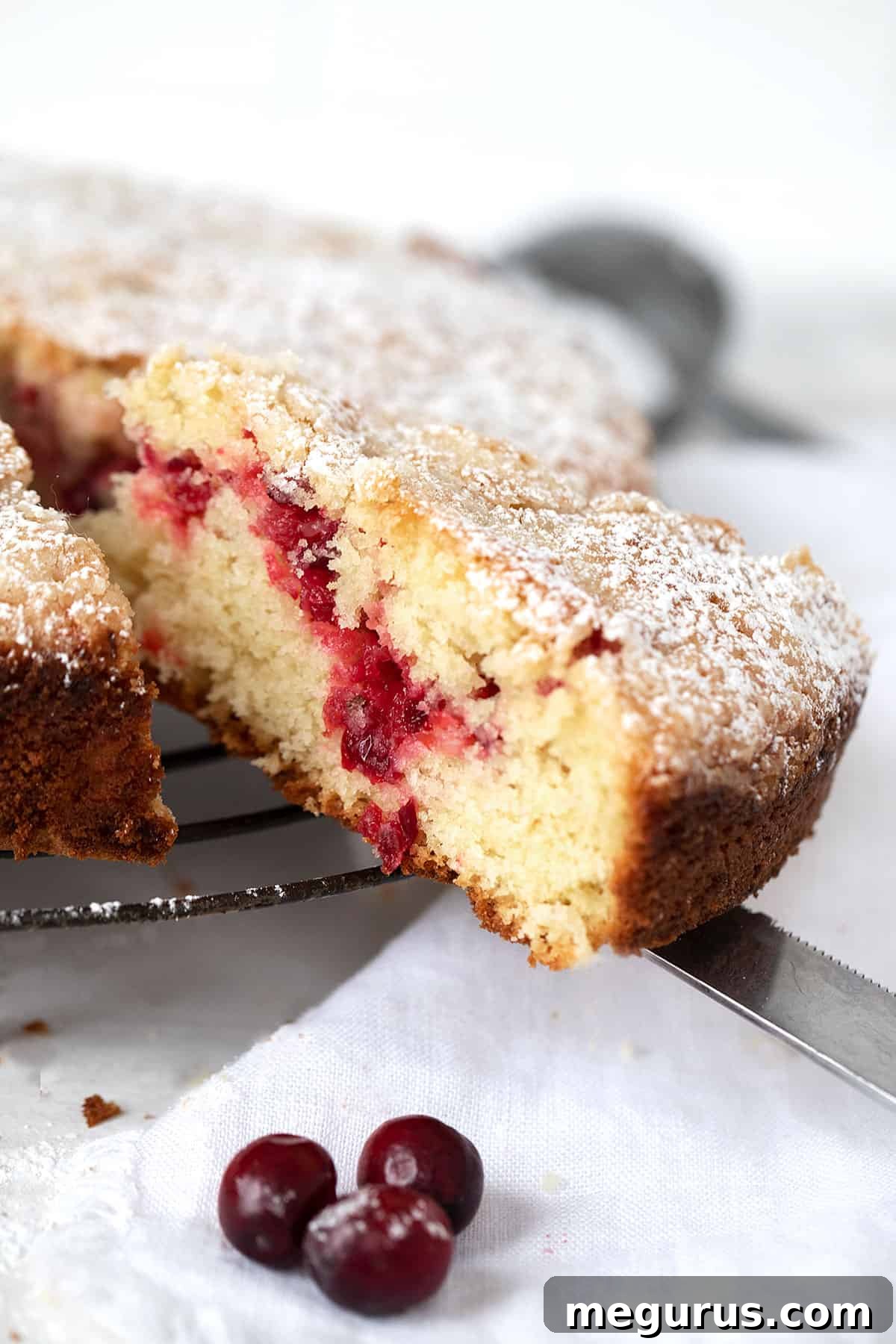 Close-up of a perfectly baked and sliced vanilla cranberry coffee cake on a cooling rack.