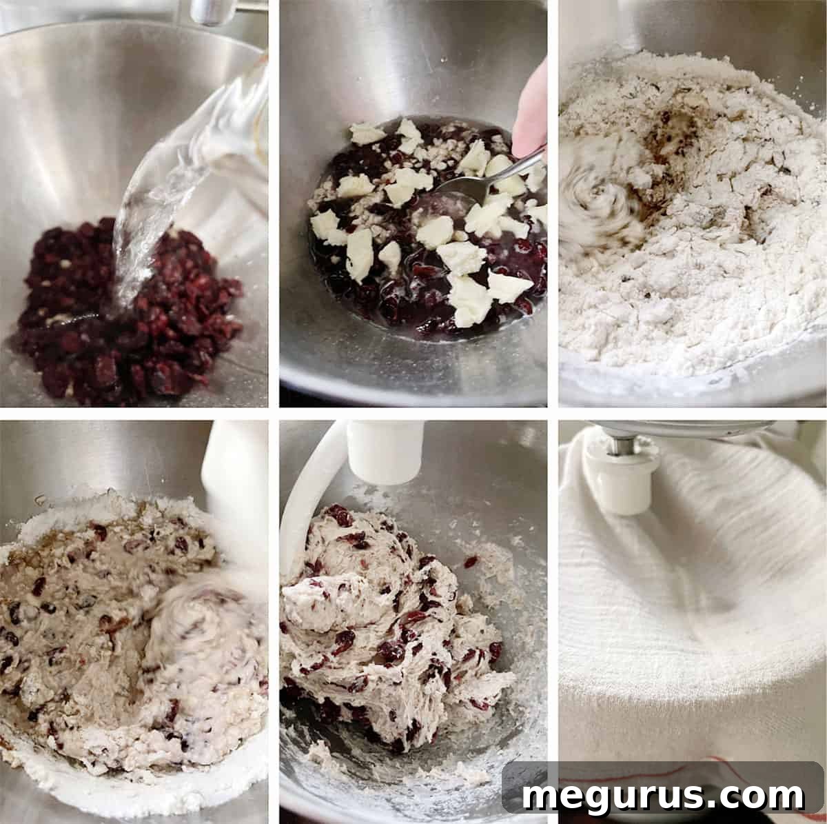 A collage of step-by-step photos illustrating the dough mixing process for cranberry oatmeal bread, showing ingredients combining.