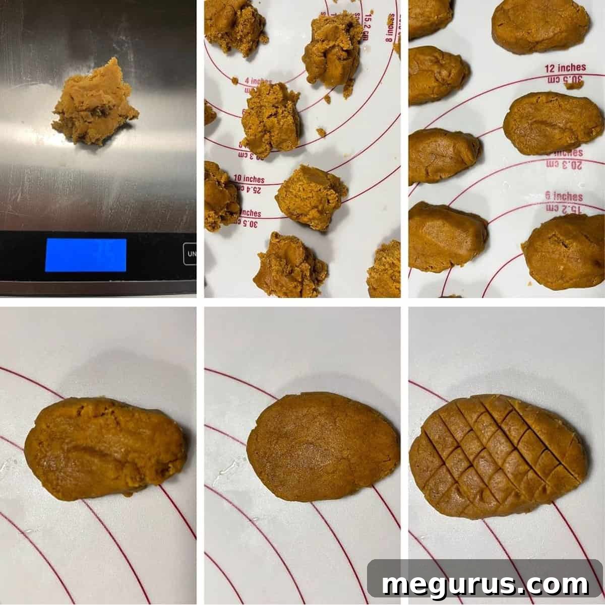 A step-by-step photo collage illustrating how to hand-shape gingerbread dough into pinecone cookies, showing the progression from a ball to a flattened triangle with diagonal cuts.