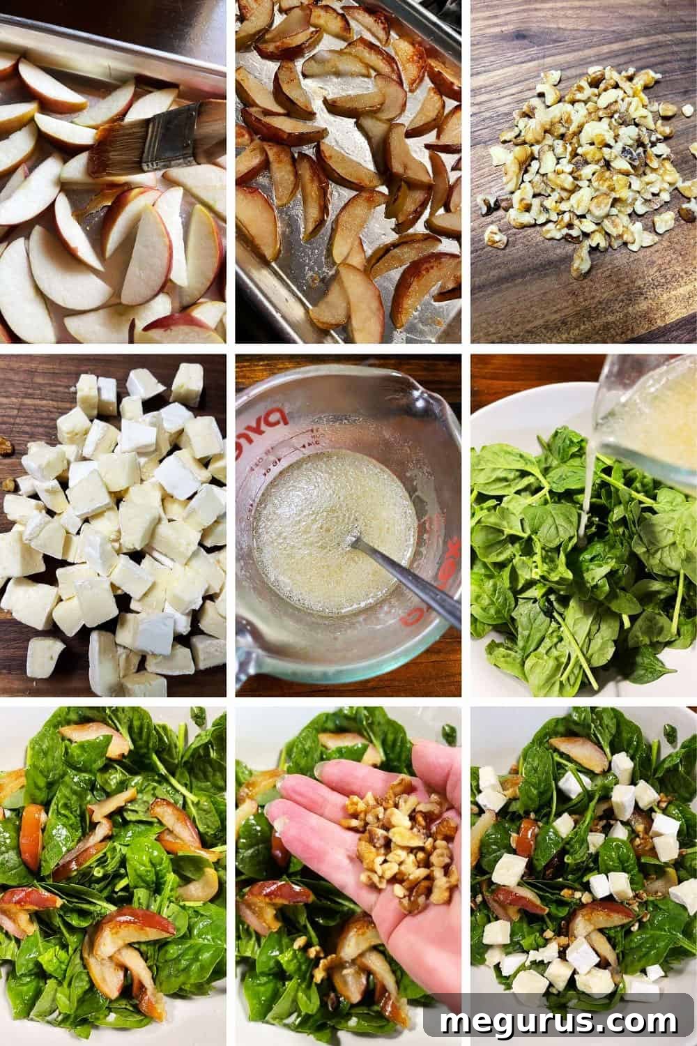 photo collage of steps to make warm spinach salad