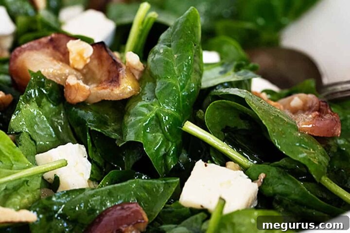 warm spinach salad in bowl with roasted apples and brie