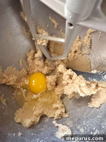 Adding a room temperature egg to the creamed butter and sugar mixture in a stand mixer bowl, a crucial step for achieving perfect cookie dough.