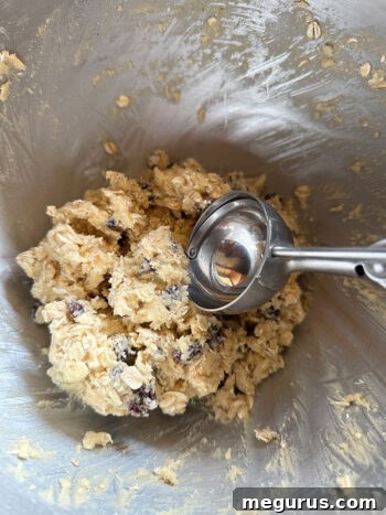 A bowl of freshly mixed oatmeal raisin cookie dough, ready for scooping, with a cookie scoop poised nearby.