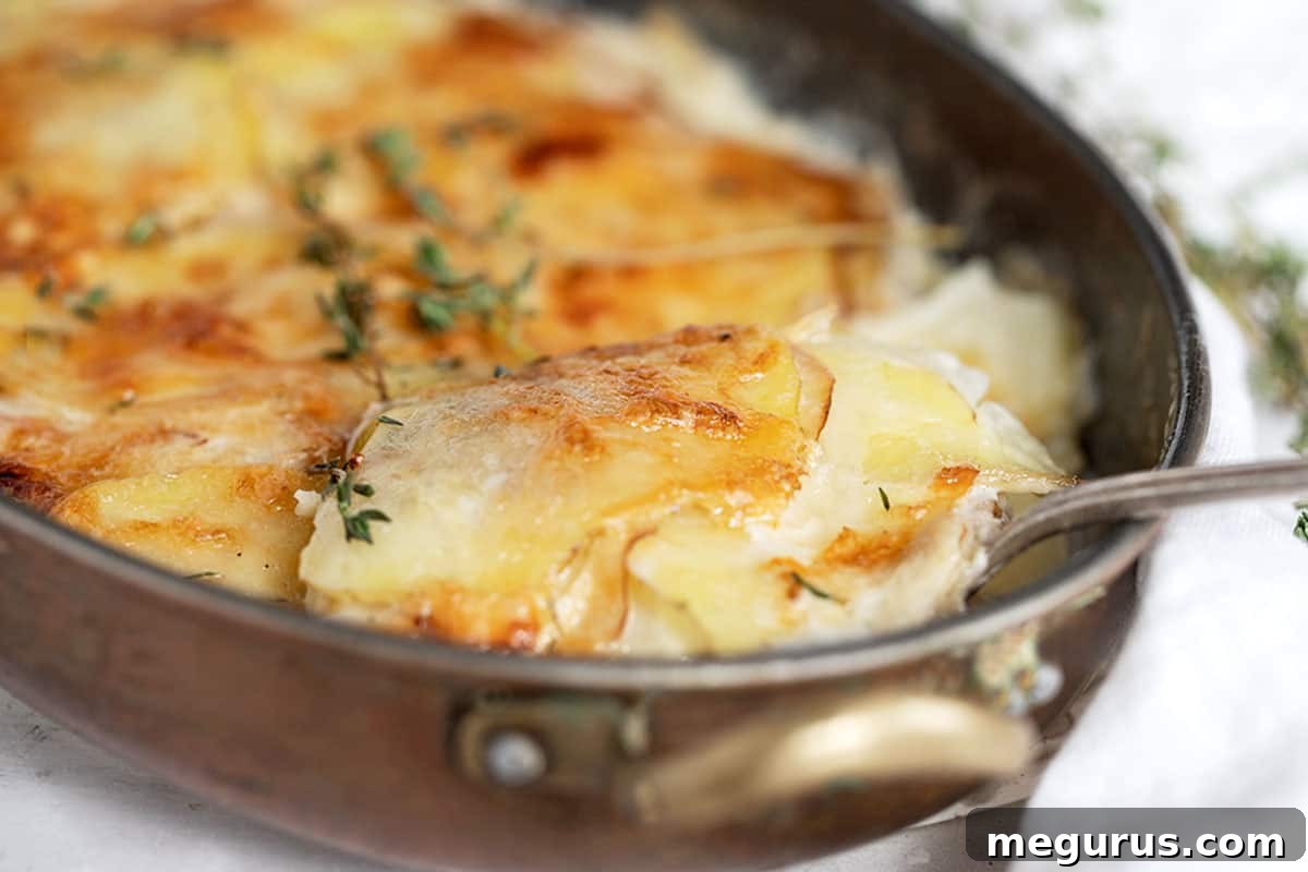 Pear Gruyere Potato Gratin in a baking dish, golden brown and bubbly