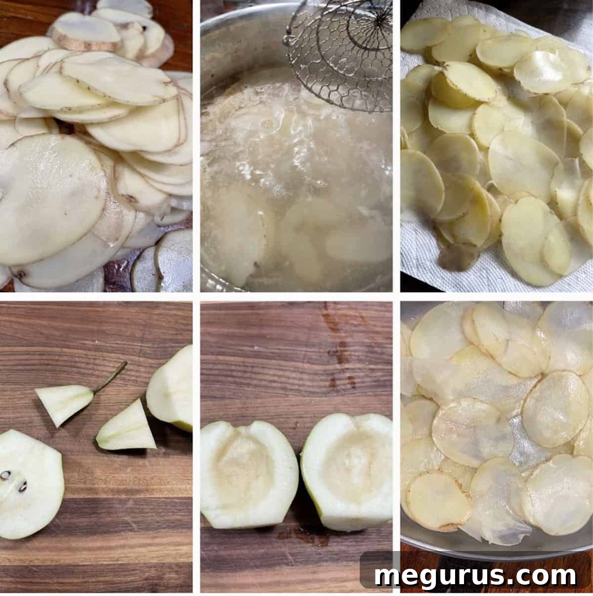 Photo collage of steps to prepare pear gruyere potato gratin, showing slicing and layering