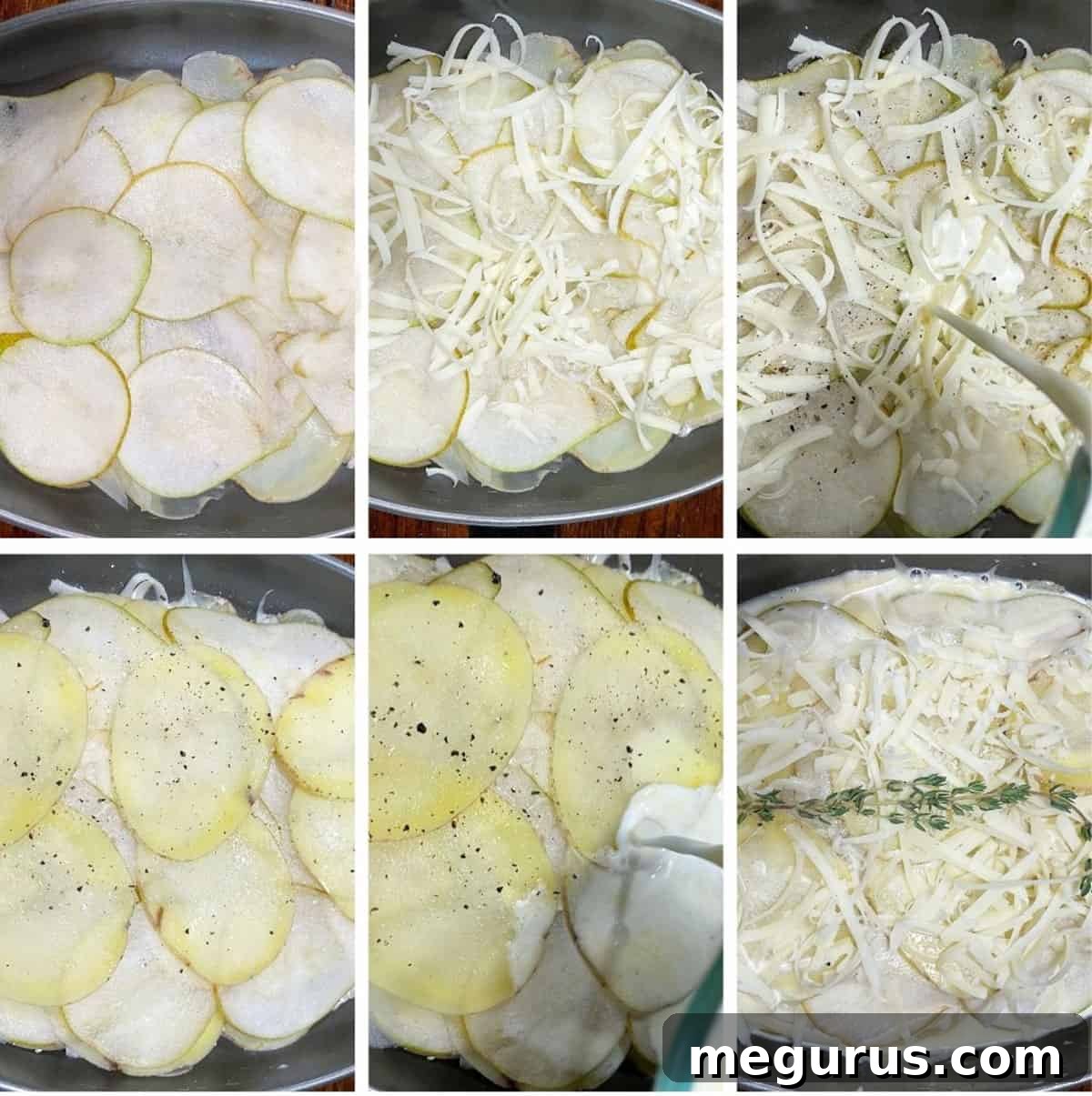 Close-up of thinly sliced potatoes and pears, ready for layering in the gratin
