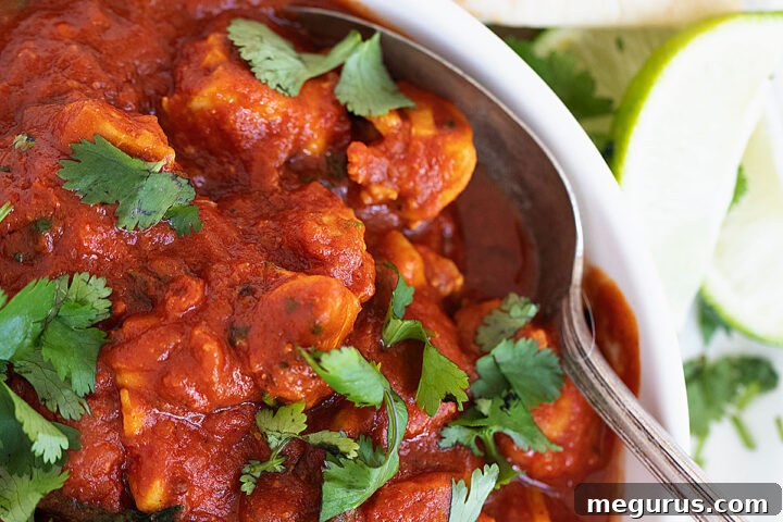 chicken madras in bowl with spoon