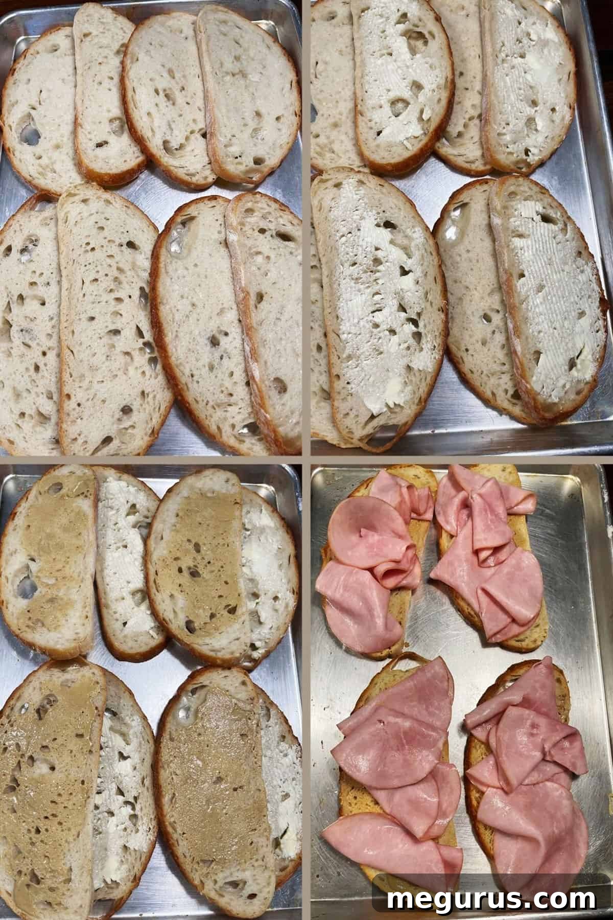 Photo collage showing initial steps of making ham and cheese bread pudding: preparing bread, buttering, and applying mustard.