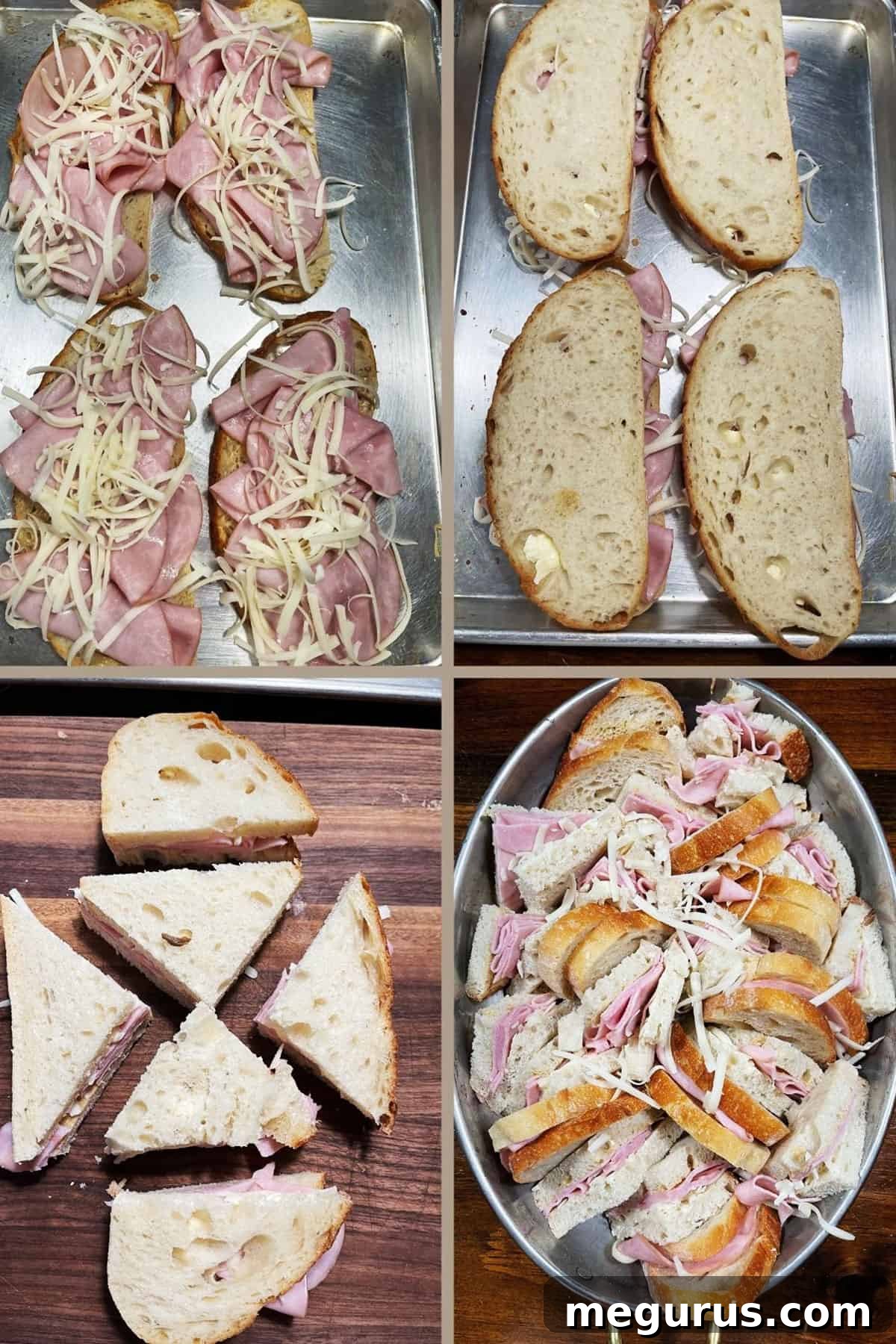 Photo collage showing assembly of ham and cheese sandwiches for bread pudding: layering ham and cheese, then cutting into pieces.