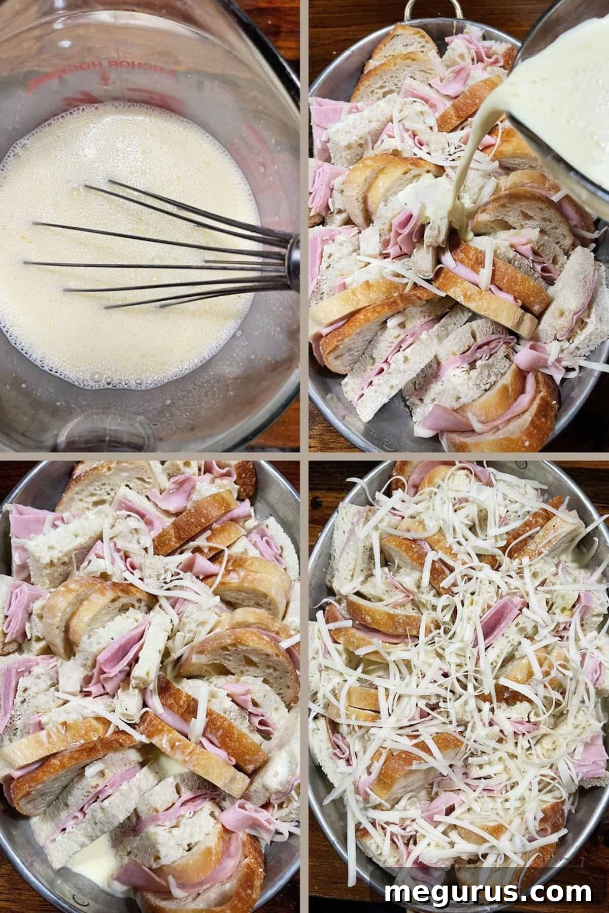 Photo collage showing pouring egg and milk mixture over assembled bread pudding and chilling.