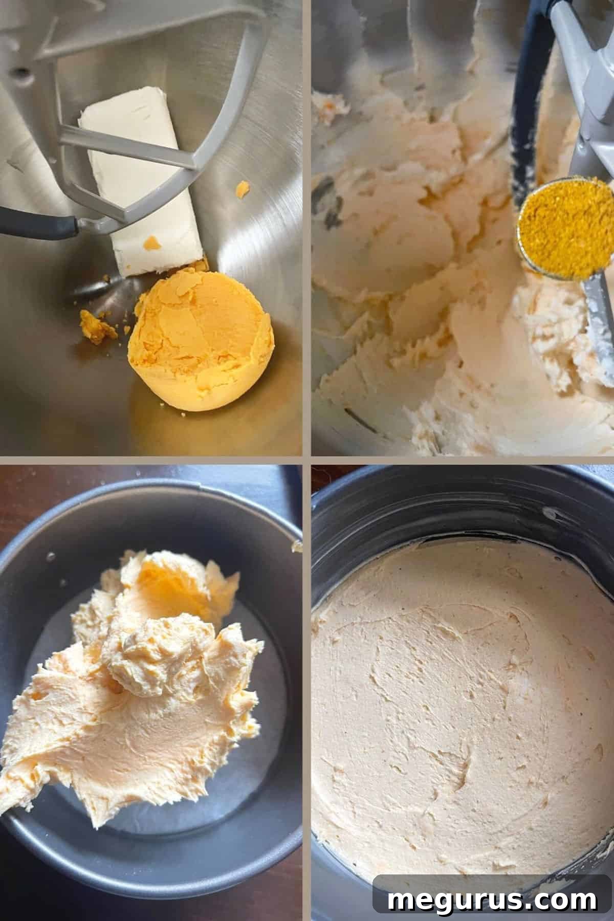 photo collage of steps to make mango curry cheese spread - mixing cheese