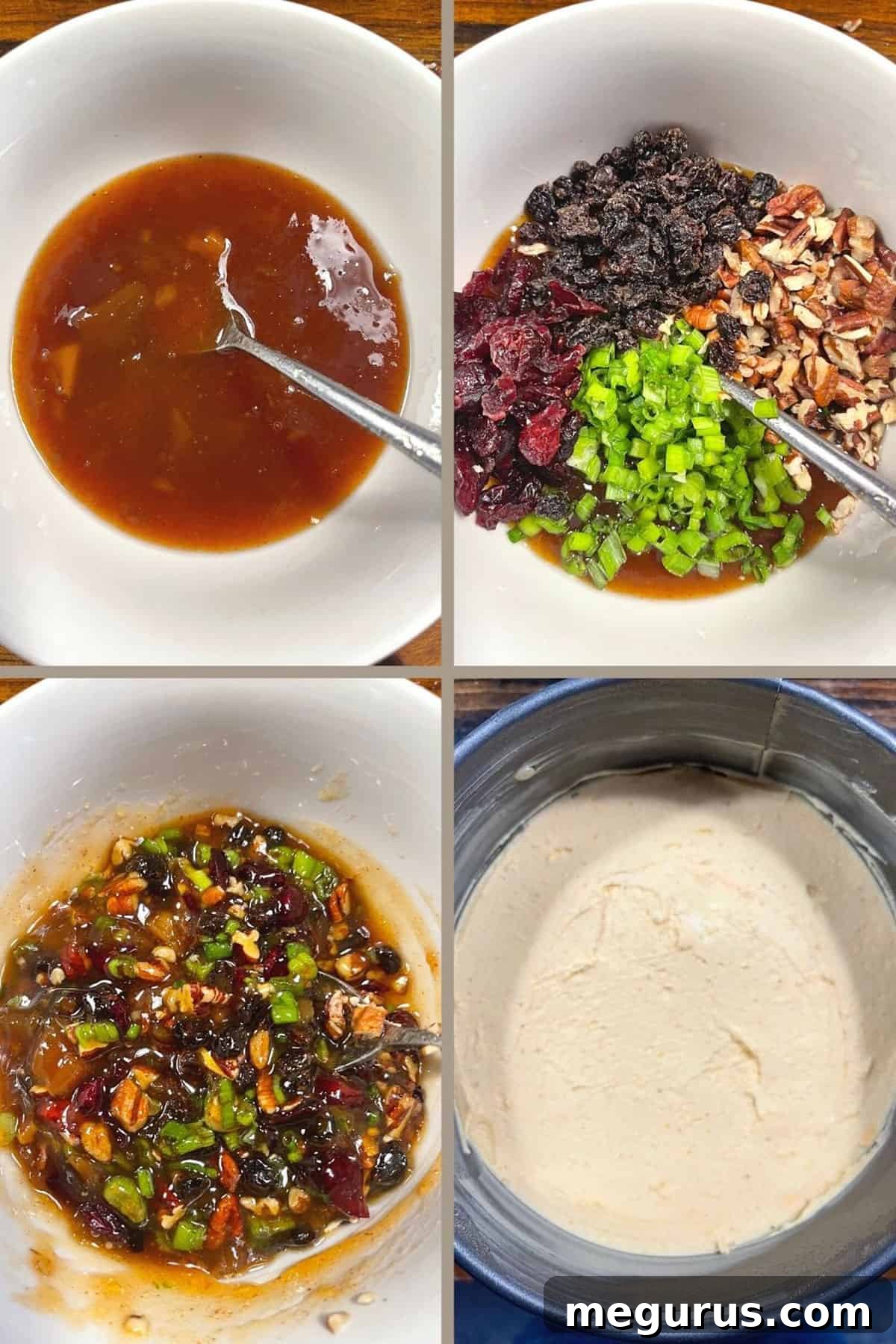 photo collage of steps to make mango curry cheese spread - mixing topping