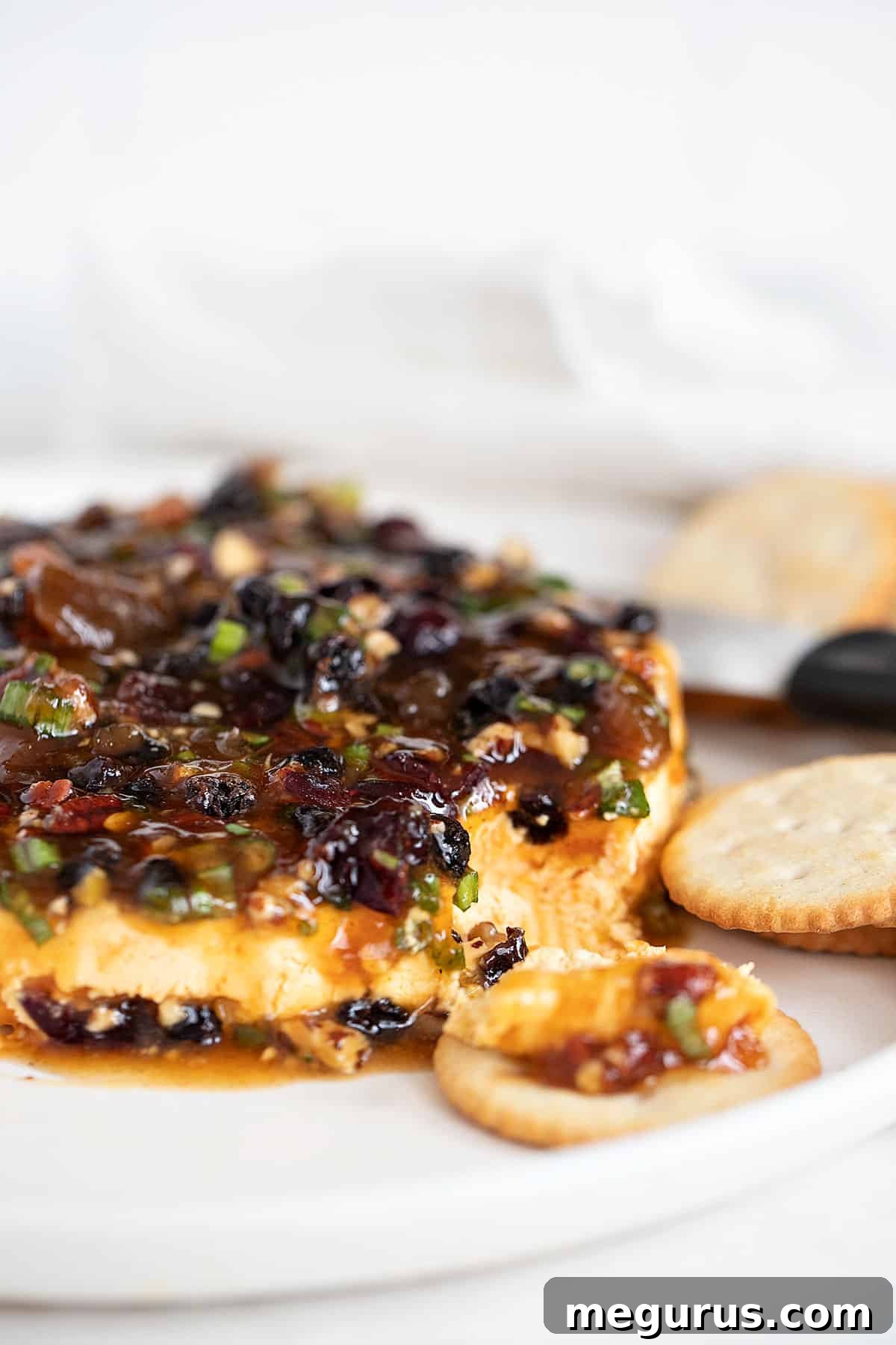 curried cheese spread with mango chutney on top, close up
