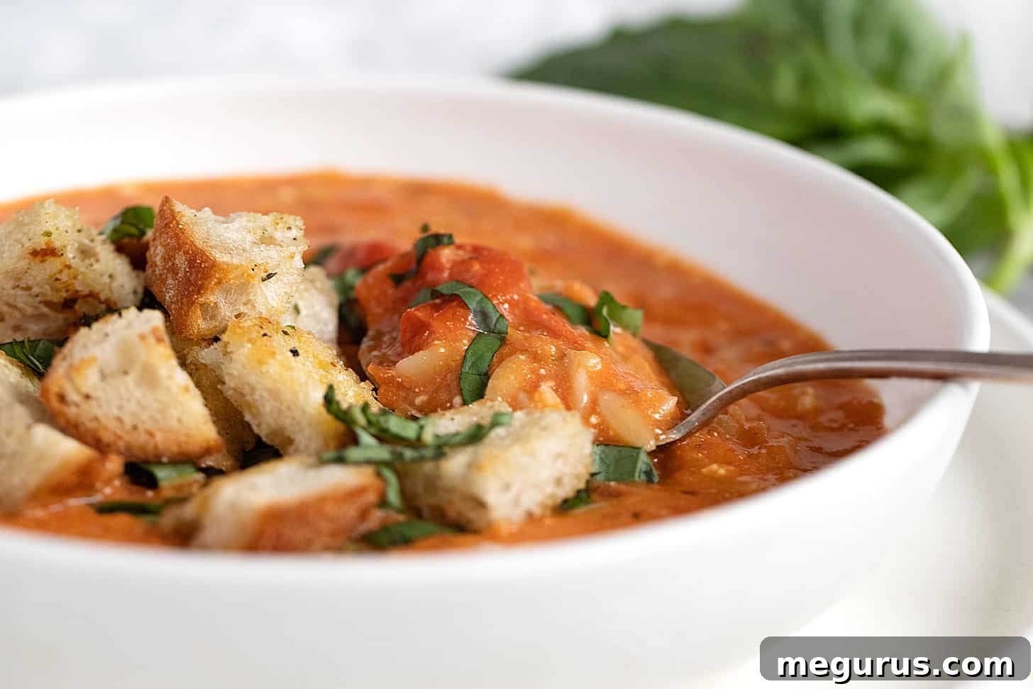 A vibrant bowl of tomato feta orzo soup with a spoon, garnished with fresh basil and crispy croutons.