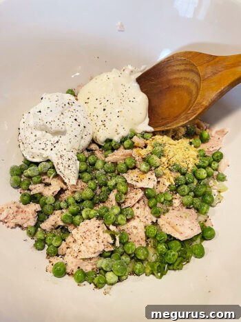 Bowl with tuna casserole filling ingredients