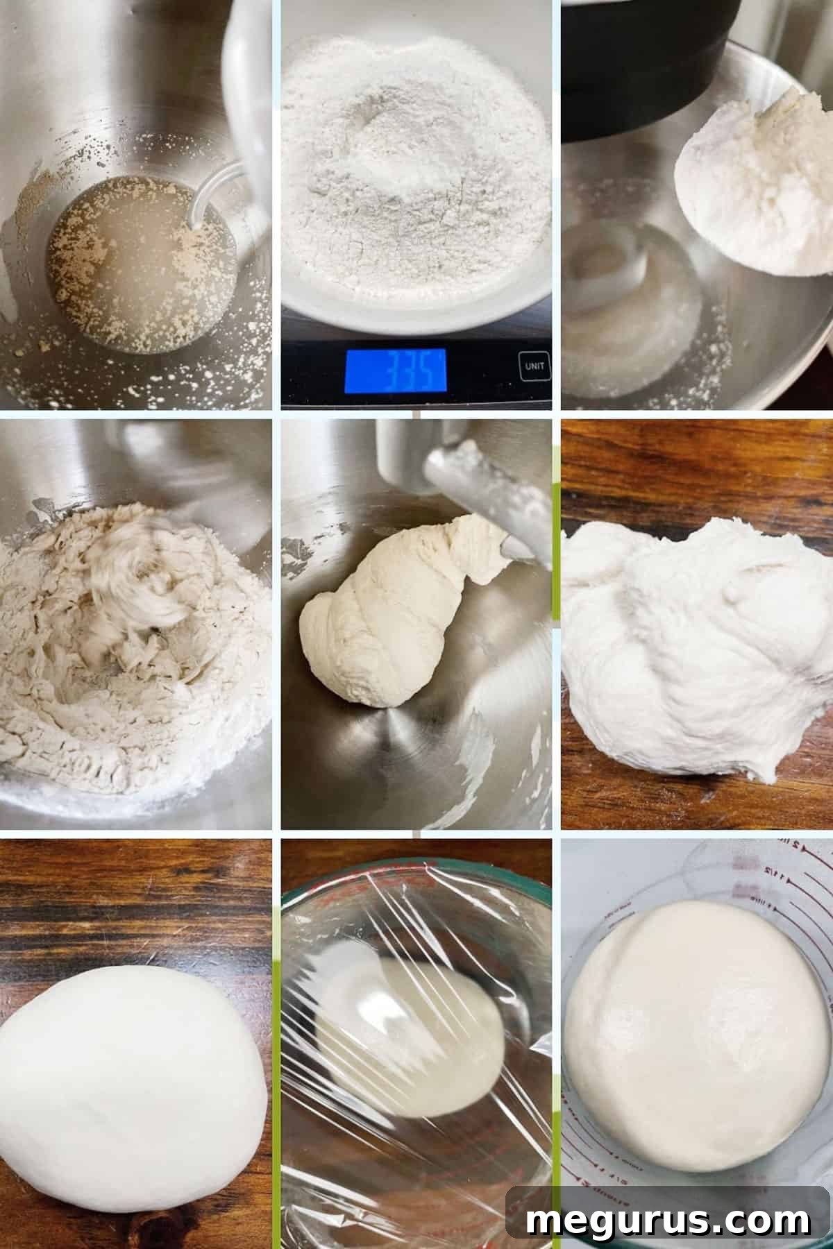 A photo collage illustrating the step-by-step process of making bagel bread, from mixing the dough to shaping and boiling it.