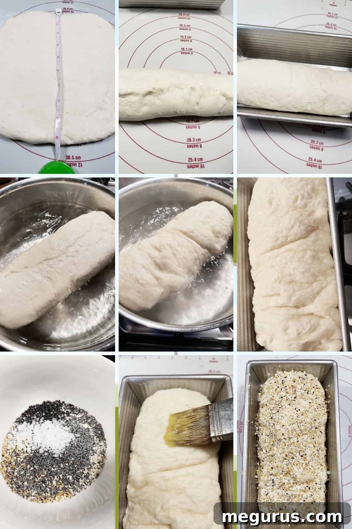 Another photo collage detailing the final stages of bagel bread preparation, including rolling, boiling, and topping the loaf.