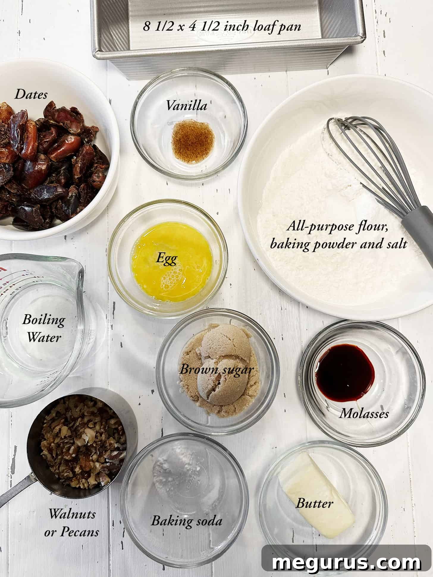 A collection of ingredients for date nut bread including dates, flour, sugar, eggs, and molasses.