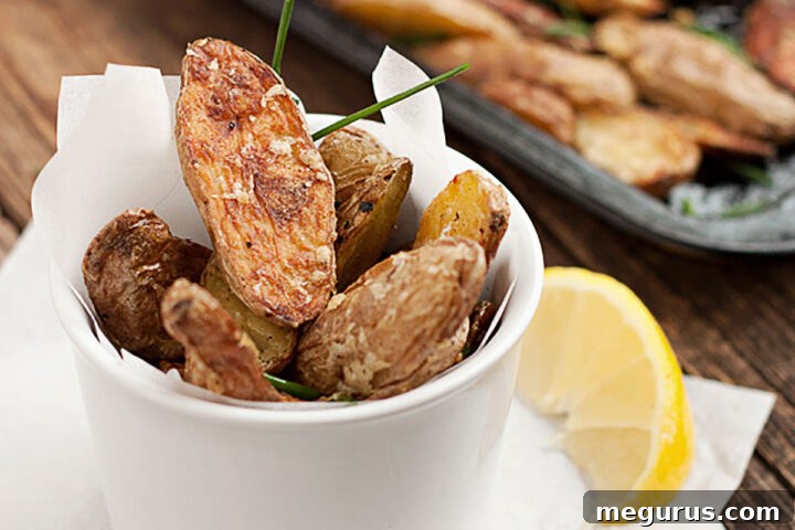 parmesan fingerling potatoes in cup with baking sheet behind