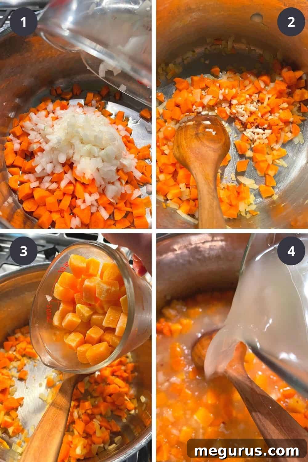 Photo collage of the first steps to make Fall Vegetable Soup