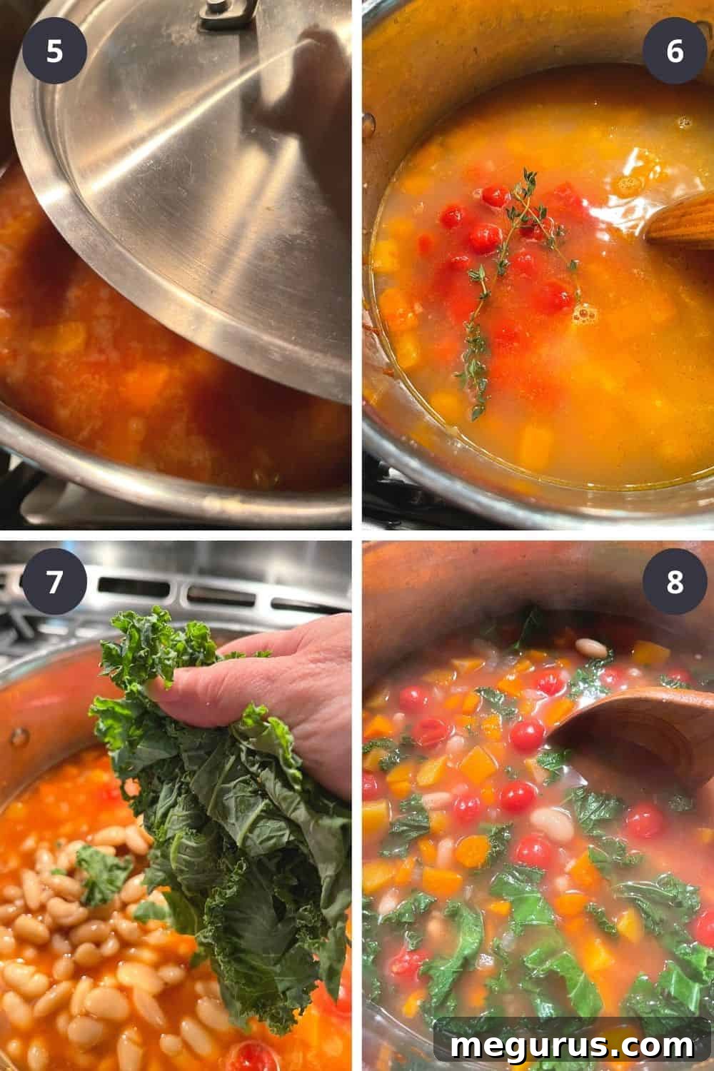 Photo collage of the final steps to make Fall Vegetable Soup