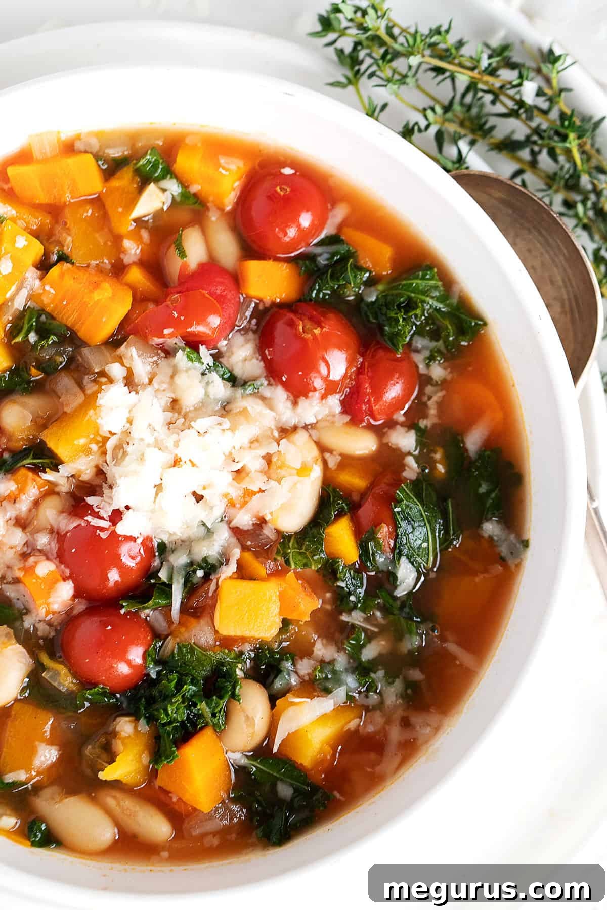 Close-up of Fall vegetable soup in a white bowl with a spoon