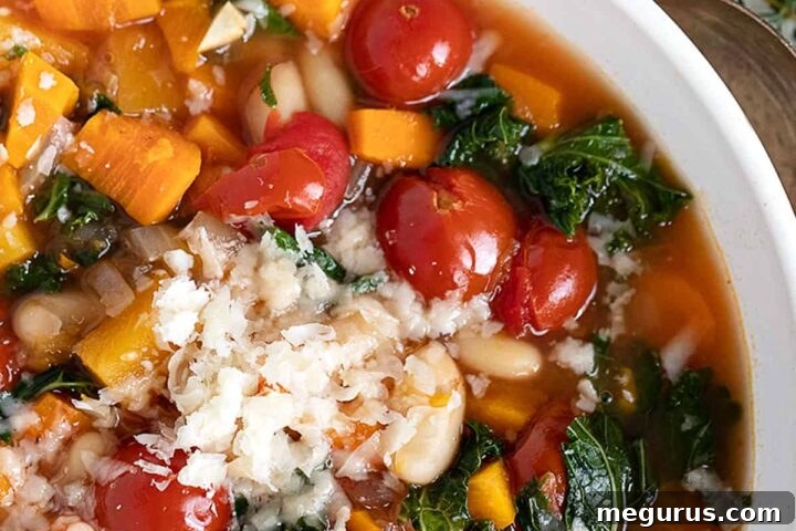 Fall vegetable soup in white bowl