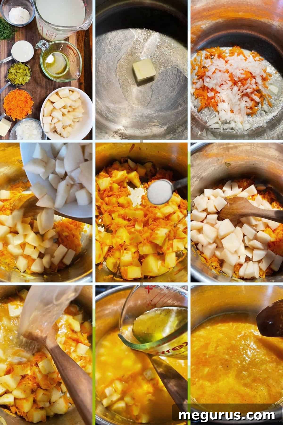 Photo collage showing initial steps of making dill pickle soup: sautéing vegetables, adding potatoes and broth.