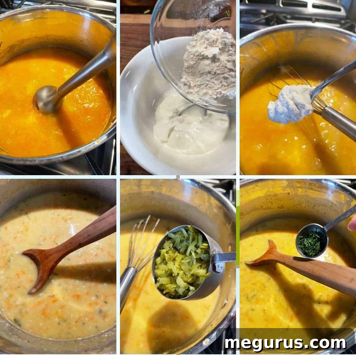 Photo collage showing finishing steps of making dill pickle soup: blending, tempering sour cream, and adding pickles.