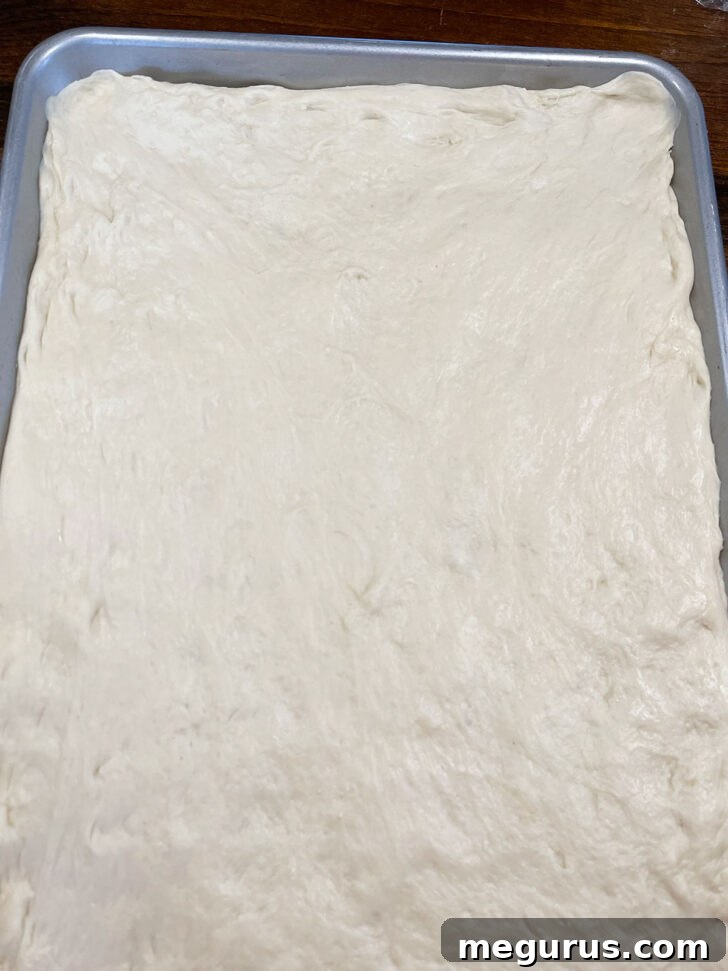 Pizza dough pressed into a baking pan, ready for the filling.