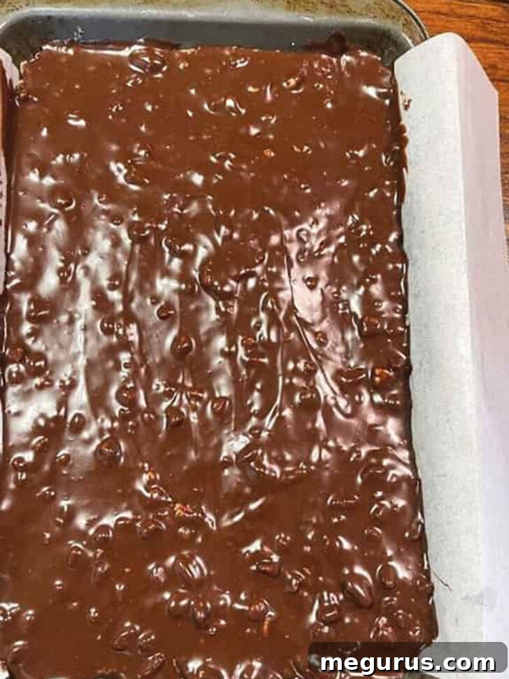 Spreading the chocolate layer evenly across the base.