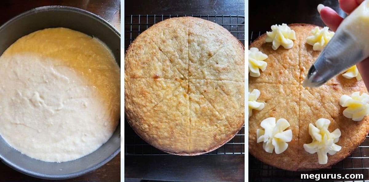 Collage of step-by-step photos demonstrating the process of making banana snack cake