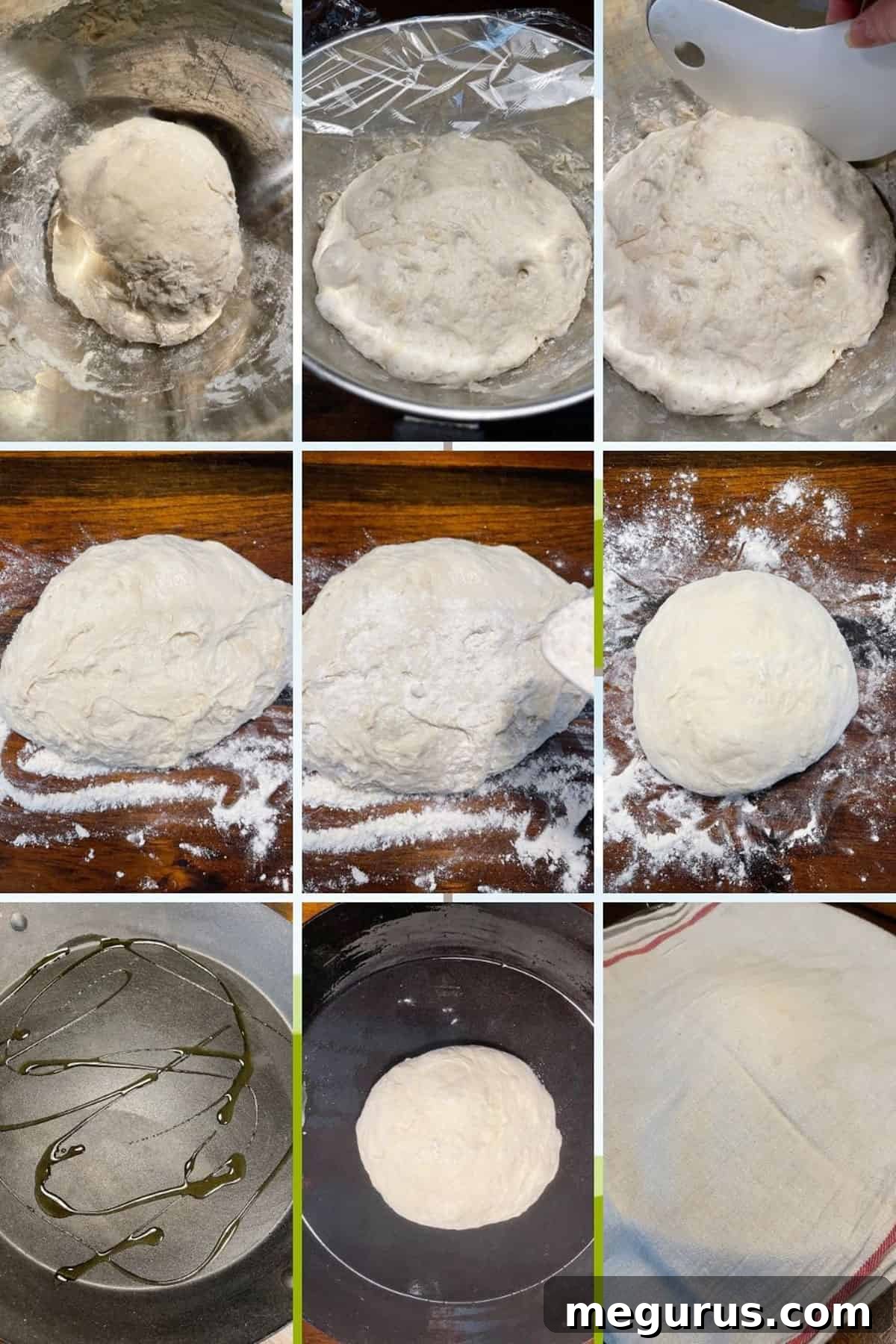 photo collage showing stages of pan pizza preparation: dough in bowl, dough on surface, dough in pan