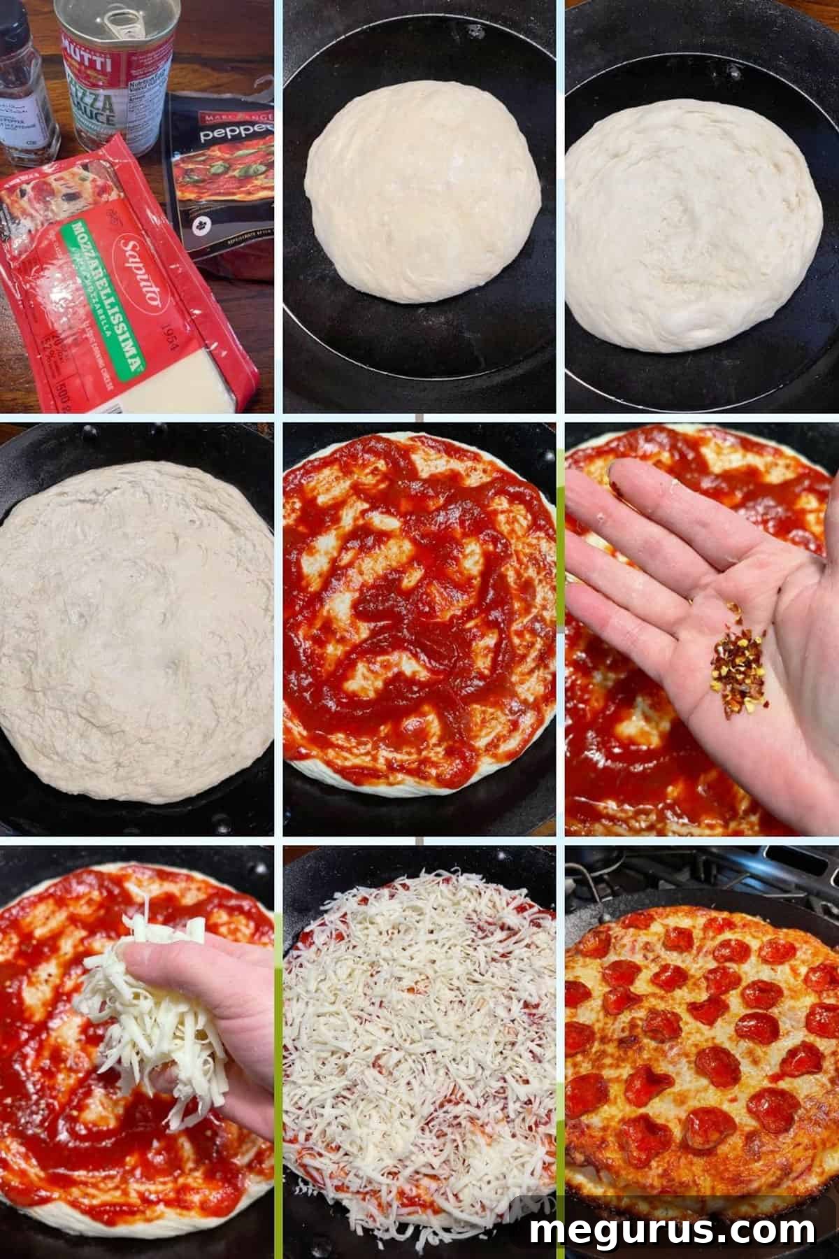 photo collage showing stages of pan pizza topping: stretching dough, adding sauce, adding cheese and pepperoni