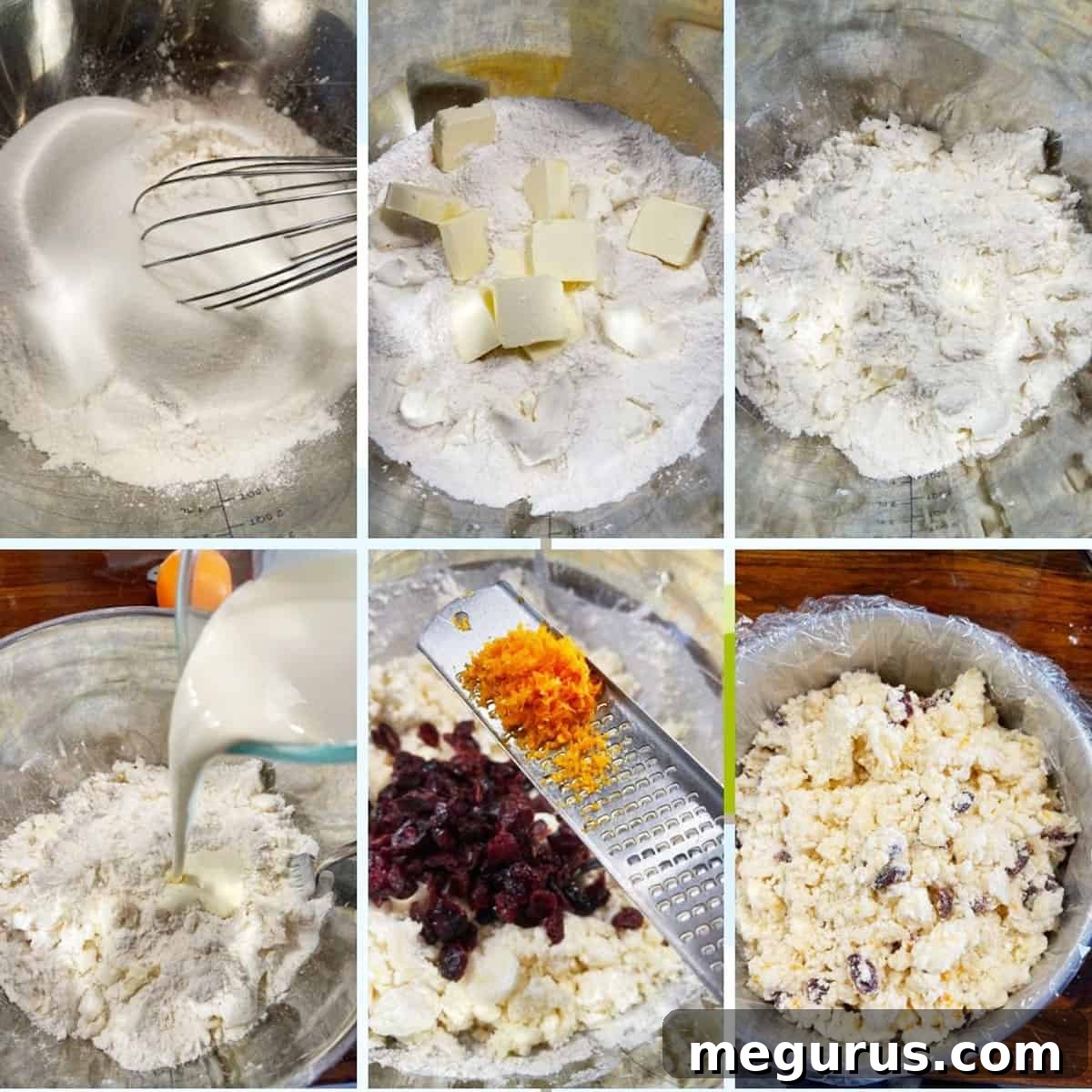 Photo collage showing initial steps of mixing dry ingredients and cutting in cold butter and cream cheese for cranberry orange scones.