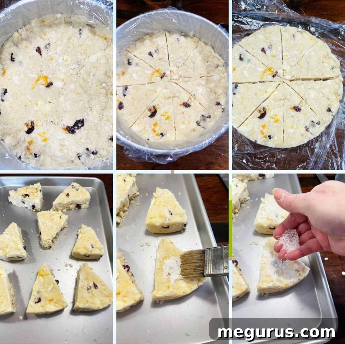 Photo collage showing further steps including adding wet ingredients, cranberries, and orange zest, and pressing dough into a pan for cranberry orange scones.