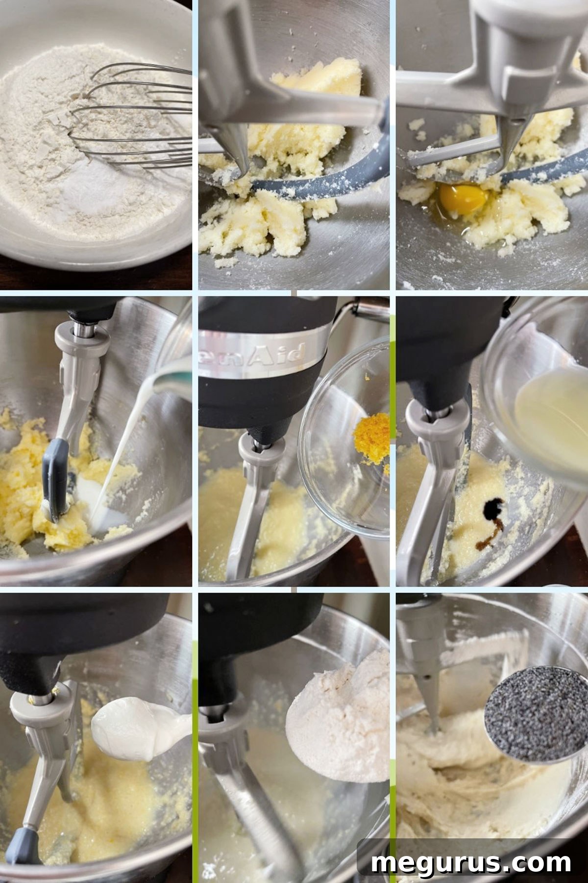 A visual collage illustrating the initial steps of preparing the lemon poppy seed loaf batter