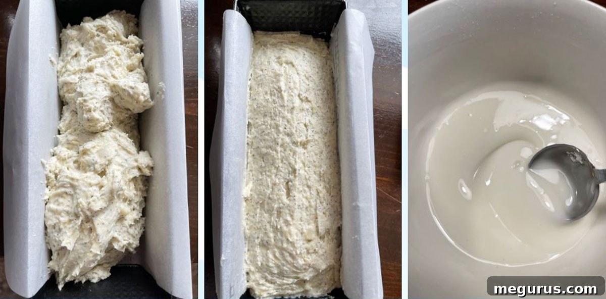 A visual collage depicting the final steps of preparing the lemon poppy seed loaf for baking and its presentation