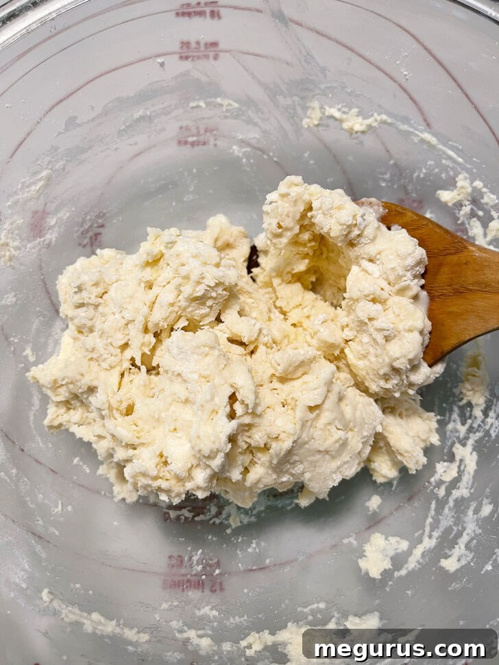 Scone dough after being gently stirred, showing a slightly moist, cohesive texture.