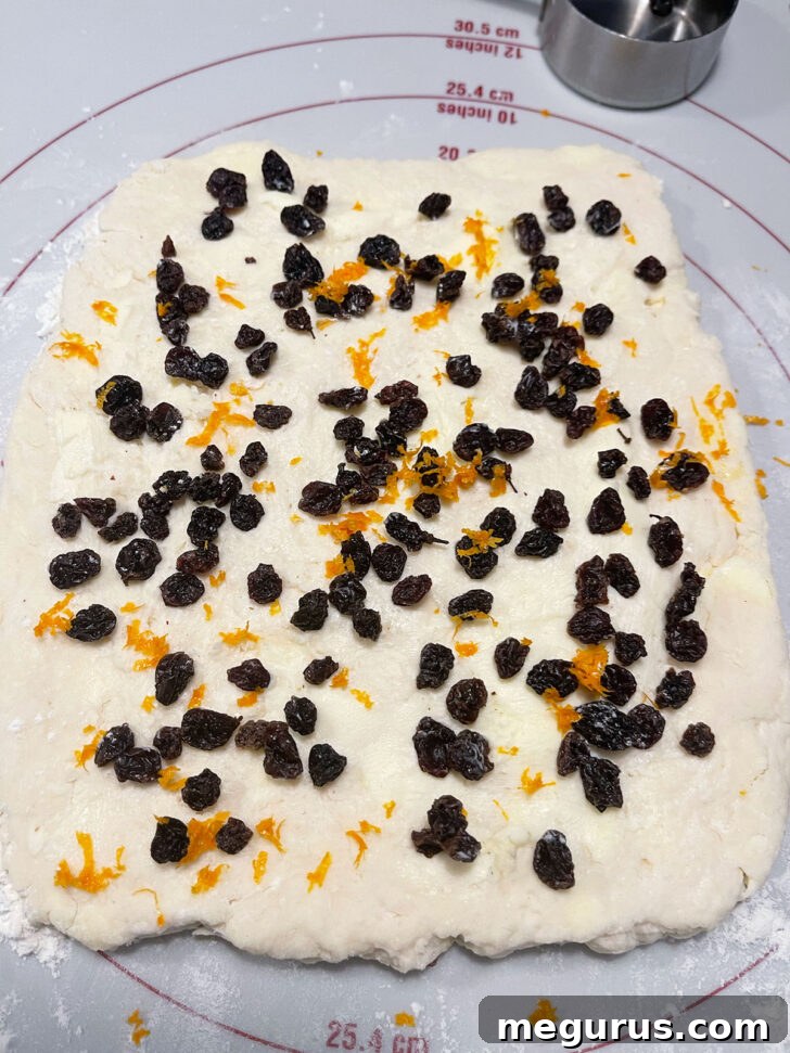 Scattering currants and orange zest evenly over the rectangular scone dough.